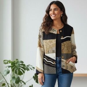 Vintage 90s Reverly's Tapestry Patchwork Jacket Women Large Black Gold Lagenlook